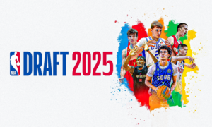 “Evento do draft da NBA com palco iluminado e logo oficial, representando a emoção das escolhas.”