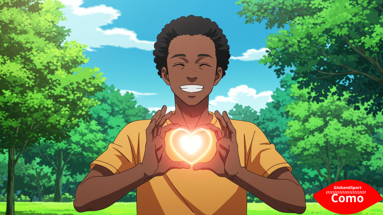 Personagem anime segurando um coração brilhante com as duas mãos, sorrindo em um parque ensolarado, simbolizando saúde. Fundo com céu azul e árvores verdes. Estilo anime inspirador, cores vibrantes e atmosfera otimista