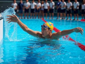 "Nadador executando o toque na borda na natação durante competição"