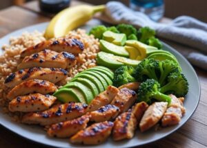 Um prato vibrante e apetitoso com alimentos que impulsionam o desempenho esportivo, como arroz integral, peito de frango grelhado, fatias de abacate, brócolis cozido e uma banana ao lado. O fundo é uma mesa de madeira rústica com uma garrafa de água e uma toalha de treino, sugerindo preparo para o esporte.