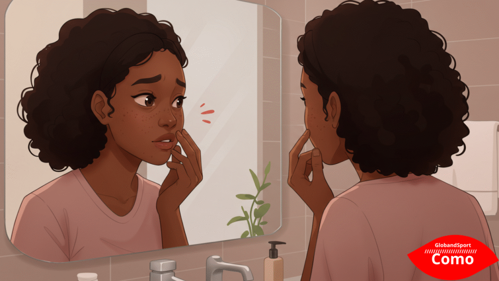 Jovem de aparência neutra (gênero ambíguo) observando o reflexo no espelho com expressão preocupada, notando espinhas no rosto. Estilo anime, fundo de banheiro minimalista, cores suaves