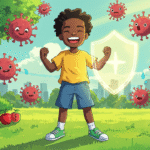 Ilustração em estilo anime de um jovem alegre de pé forte e saudável no centro, cercado por vírus flutuantes dos desenhos animados sendo desviado por um escudo protetor brilhante. O fundo mostra uma mistura de natureza (árvores, luz solar) e uma paisagem urbana, representando a vida diária. Use cores brilhantes e limpas com um tom esperançoso e energético. Inclua símbolos sutis de saúde como frutas, água e uma máscara na composição.